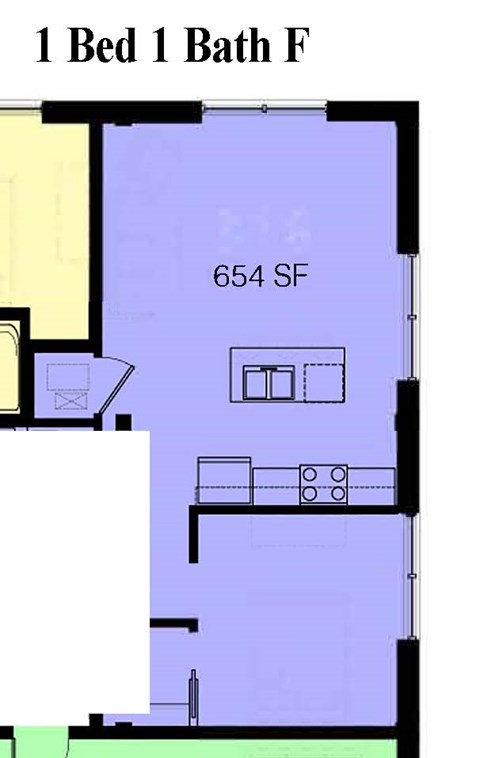 Floor plan for 1 bed, 1 bath, 654 sqft